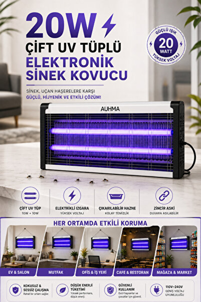 Merwish 20W Çift UV Tüplü Elektronik Sinek Kovucu AUHMA Elektrikli Izgaralı, Çıkarılabilir Hazneli, Zincir Askılı Duvara Asılabilir