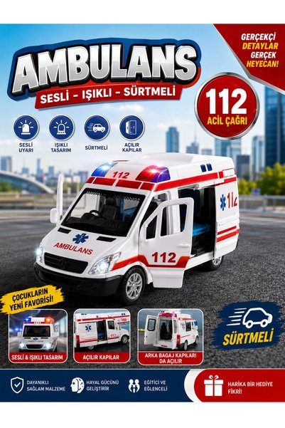 SUDESA OYUNCAK SESLİ IŞIKLI SÜRTMELİ AMBULANS AÇILIR KAPILI OYUNCAK ACİL YARD...