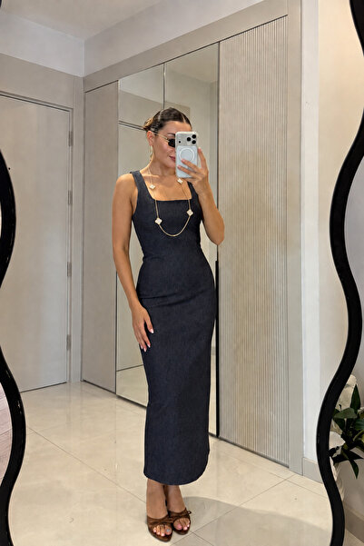 Gizem Ecemiş Serilda Lacivert Denim Kare Yaka Kalem Elbise