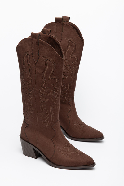 Generic Brand Brown Suede Embroidery Detailed Western Cowboy Boots with Brown...