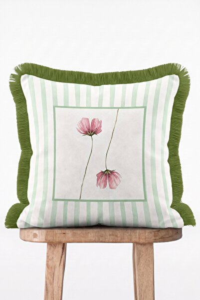 IdeCraft Sage Striped Pink Wildflower Patterned Decorative Fringed Throw Pill...