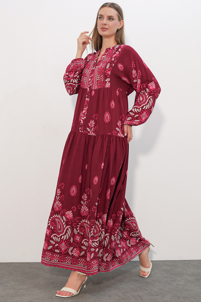 Merterium Women's Patterned Long Hijab Dress 1155 - C. Burgundy