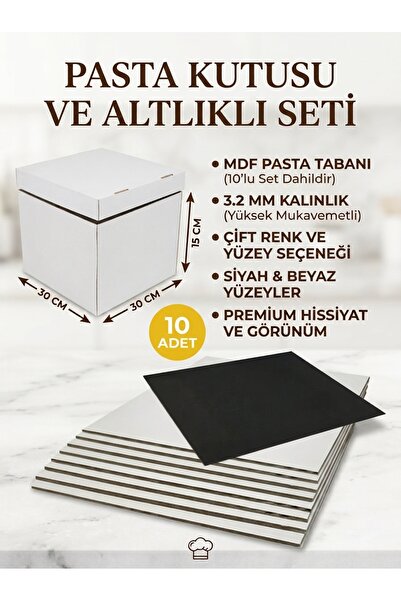 kutucum 30 x 30 x 15 PASTA KUTUSU VE MDF ALTLIK SETİ 10 ADET BEYAZ OLUKLU MUK...