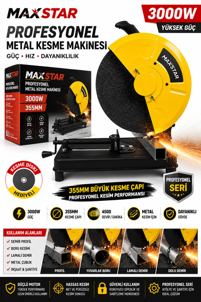 Maxstar 3000W Profesyonel Profil ve Metal Kesme Makinesi 355 mm – 45° Açılı Demir Boru Profil Kesim