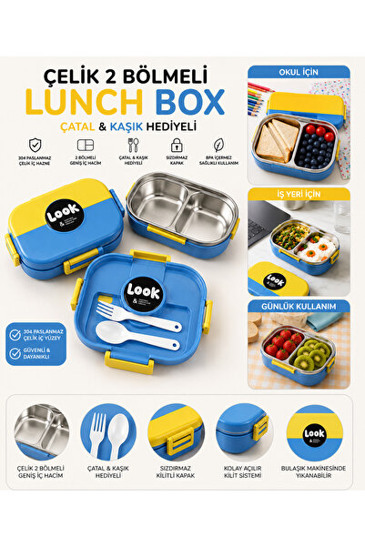 MUZEKO LUNCH BOX2 Bölmeli Paslanmaz Çelik Yemek Kabı Sızdırmaz Kapaklı, Taşın...