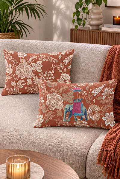 Home Fil Figürlü Çiçek ve Yaprak Desenli Vintage Tarz Kırlent Kılıfı - 2'li D...