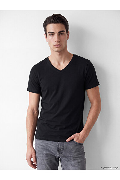 LC Waikiki Nevavm with Difference Black Plain Narrow & Slim Short Sleeve Men'...