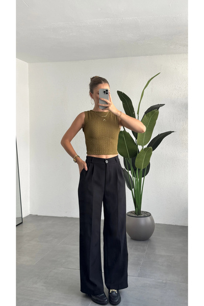 asfamoda Women's Black High Waist Double Pleated Palazzo Fabric Pants Flowy Wide Leg Casual Stylish Office Trousers