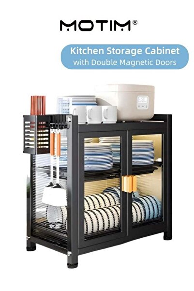 MOTIM Kitchen Storage Cabinet with Double Magnetic Doors Freestanding Metal S...