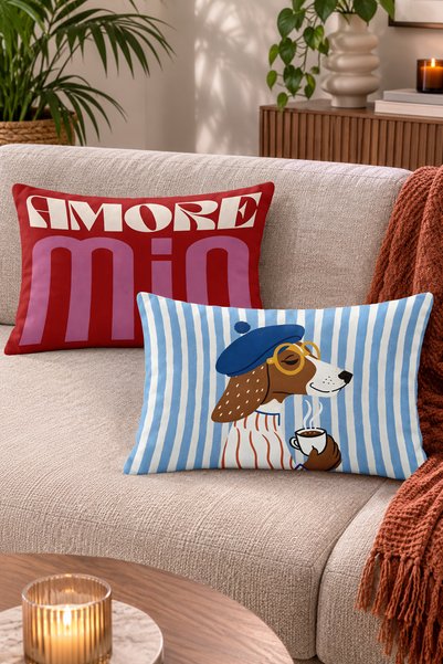 Home Amore Yazılı Retro Tipografi ve Bereli Gözlüklü Köpek Çizimli Kırlent Kı...