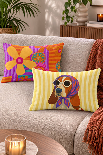 Home Gözlüklü Köpek ve Renkli Çiçek Desenli Retro Kırlent Kılıfı - 2'li Dikdö...