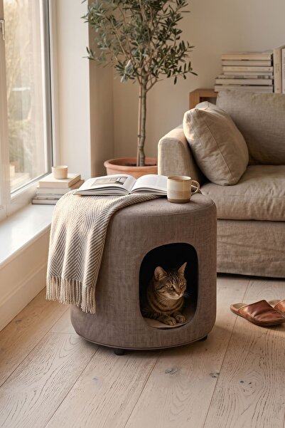 GOBYPET 2'si 1 Arada Dekoratif Puf, Şönil Kumaş Kedi-Köpek Evi 6230