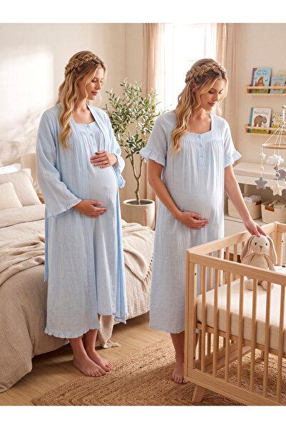 Lohusa Homewear New Season Blue Muslin Fabric Buttoned Breastfeeding Compatib...