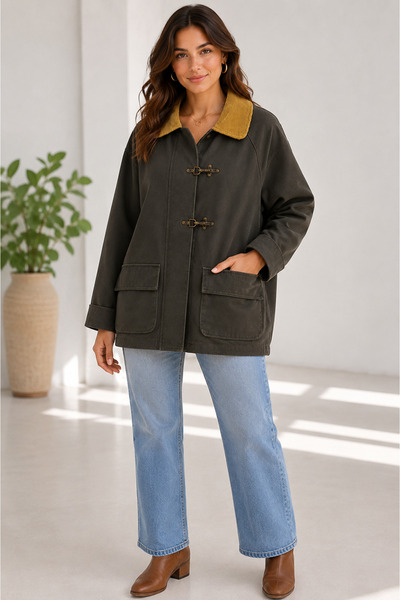 LOKADI Women's Khaki Velvet Collar Oversize Barn Jacket & Trench Coat with Me...
