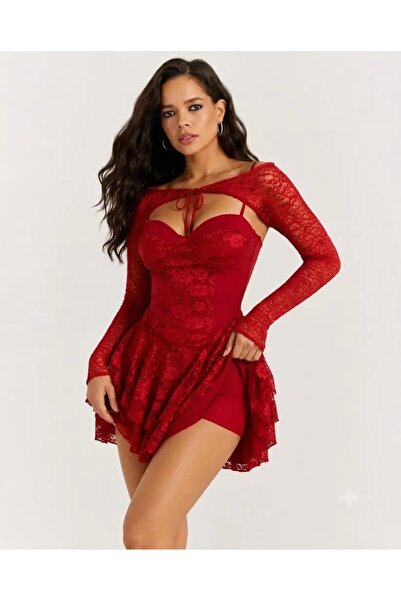 CARLA MARA Red Lace Detailed Mini Dress with Shorts & Detachable Bolero Set