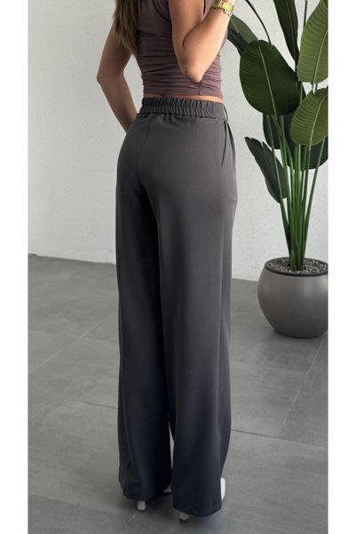 asfamoda Women's Anthracite High Waist Double Pleated Palazzo Fabric Trousers Flowy Wide Leg Casual Stylish Office Pants
