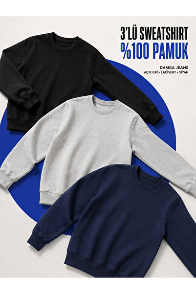 DAMGA JEANS 3 Pieces Men's Casual Crew Neck Loose Sweatshirt