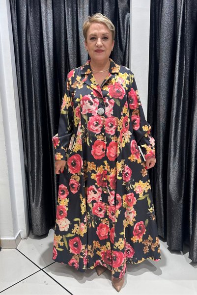 selma Büyük Beden Tafta Çiçek Desenli Elbise