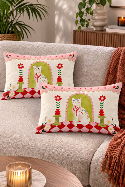 Home Çiçekli Kedi Figürlü Retro Patchwork Desenli Kırlent Kılıfı - 2'li Dikdö...