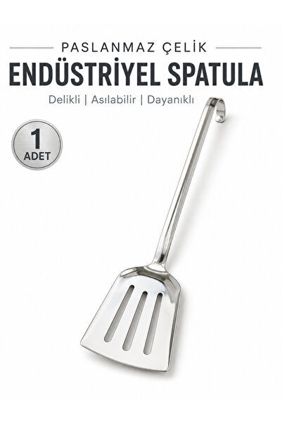 BEYLİNİ Endüstriyel Servis Spatulası Delikli Paslanmaz Çelik Uzun Saplı Geniş...