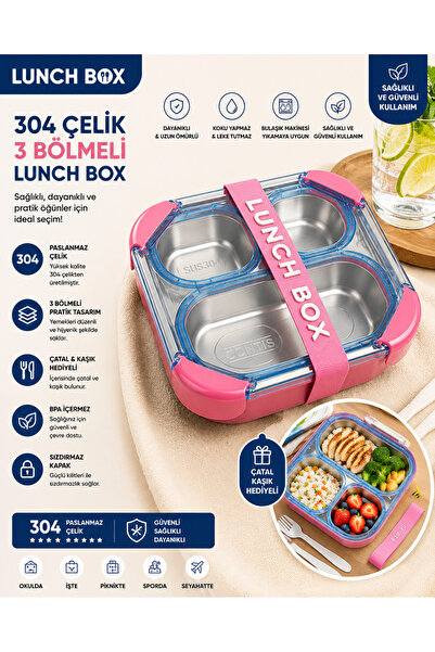 MUZEKO LUNCH BOX 3 Bölmeli Paslanmaz Çelik Yemek Kabı Sızdırmaz Kapaklı, Taşı...