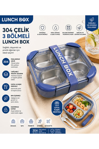 MUZEKO LUNCH BOX 3 Bölmeli Paslanmaz Çelik Yemek Kabı Sızdırmaz Kapaklı, Taşı...