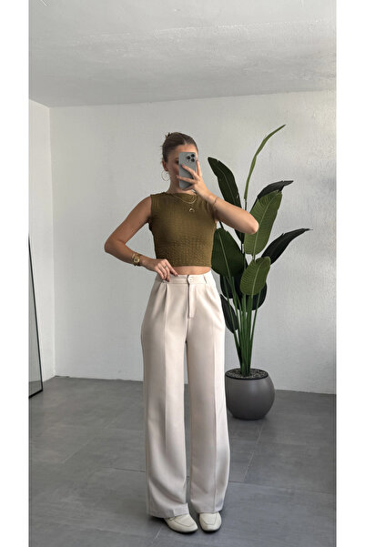 asfamoda Women's Cream High Waist Double Pleated Palazzo Fabric Pants Flowy Wide Leg Casual Chic Office Trousers