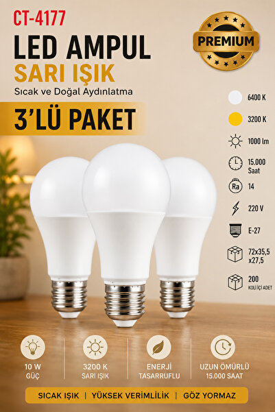 Yenilig CT-4177 LED Ampul 10W E27 Sarı Işık 3200K 830 Lümen Enerji Tasarruflu