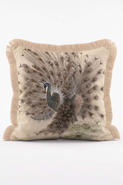 IdeCraft Vintage Peacock Patterned Beige Bohemian Decorative Fringed Throw Pi...