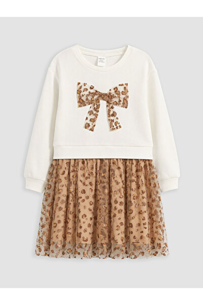 LC Waikiki Lcw Kids White Crew Neck Bow Printed Girls Tulle Dress