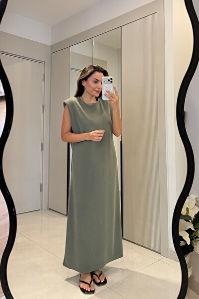 Gizem Ecemiş Meira Haki Modal Pike Vatkalı Elbise