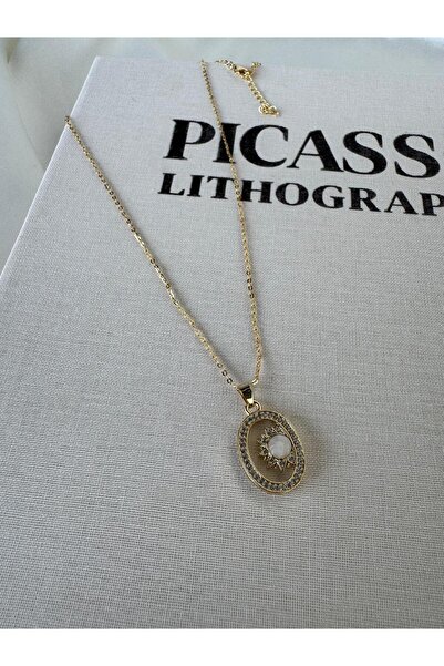 H&S AKSESUAR Sun Model Luxury Zircon Stone Gold Detail Stainless Steel Necklace