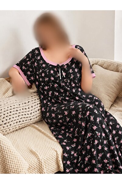 diğer01 11 فستان منزلي طويل من قماش البامب الأسود المزين بالزهور والليكرا