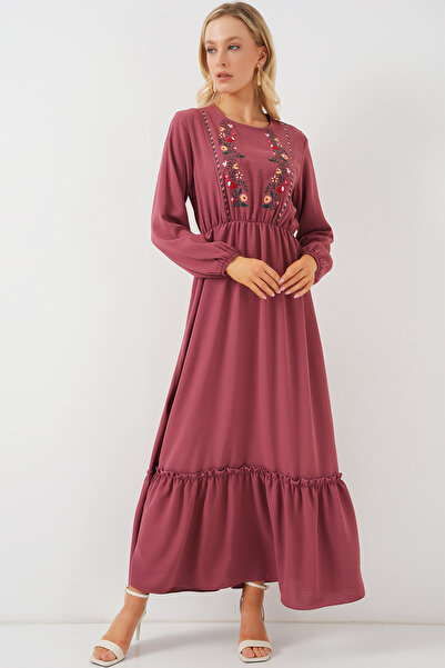 Merterium Women's Embroidered Long Hijab Dress 1164 - Dusty Rose