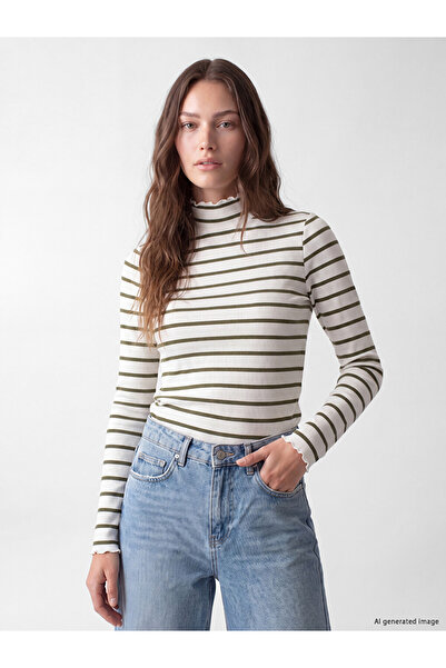 LC Waikiki Lcw Modest Green Stand Collar Striped Women's Bodysuit