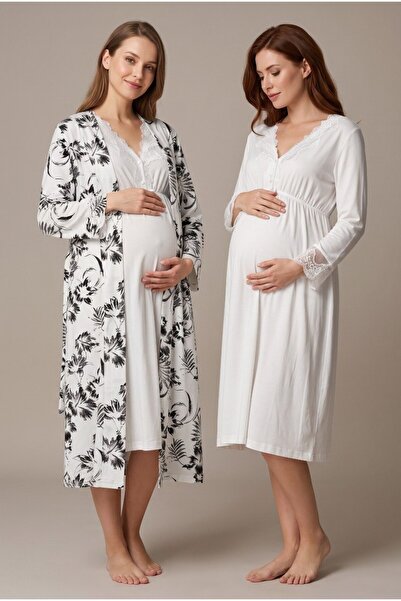 Pelin Women's Ecru Floral Patterned Buttoned Lace Long Sleeve Dressing Gown M...