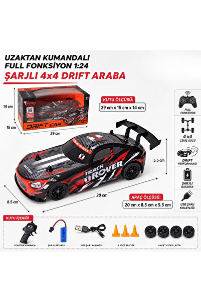 Get's On Oyuncak Uzaktan Kumandalı Full Fonksiyon 1:24 Şarjlı 4x4 Drift Araba +4 Drift Tekerleği ve Drift Dubası
