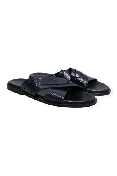 FRANCO CALVANI Dark Blue Genuine Leather Men's Slippers