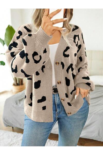 S.ÇLK Women's Mink Black Jacquard Patterned Oversize Buttoned Knitwear Cardigan