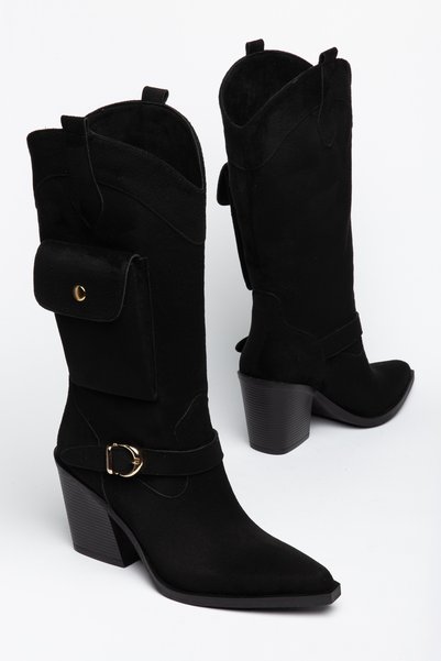 MS SUGAR SHOES Women's Cowboy Boots - Suede Look, Pointed Toe, Pocket Detail, Buckle, Thick Heel