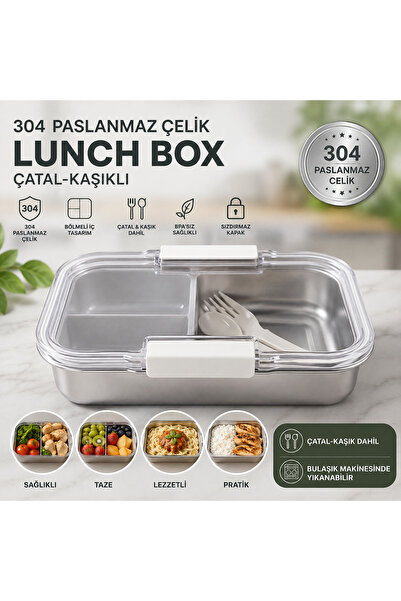 MUZEKO 2 Plastik 1 Çelik Bölmeli Paslanmaz Çelik Yemek Kabı Sızdırmaz Kapaklı...