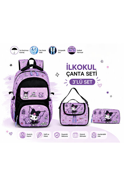 monthiron Kuromi Children's School Bag Set of 3 – Backpack, Lunch Box and Pen...