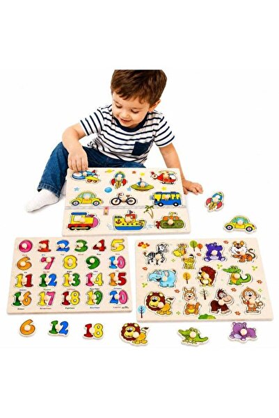 Twisoo Twisso 3pcs Mix Wooden 3D Peg Puzzle Set for Kids, Animal, Number & Ve...