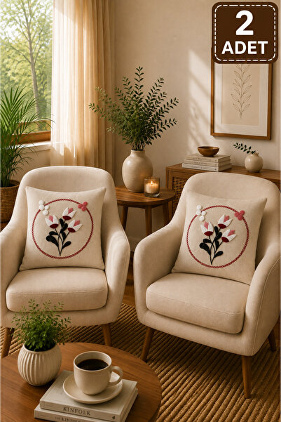 SEVMİŞ HOME 2 Piece Punch Cushion Cover 43X43 cm – Decorative Embroidered Cus...