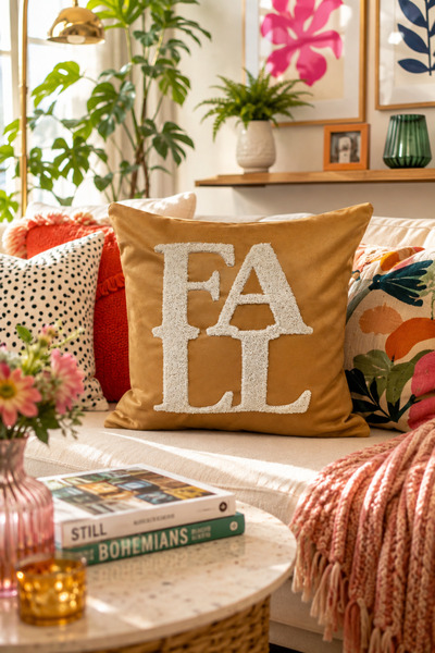 Pilloveland Punch Embroidered Throw Pillow Cover - 43*43 cm - Mustard Fall - ...