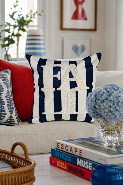 Pilloveland Punch Embroidered Throw Pillow Cover - 43*43 cm - Striped Navy Bl...