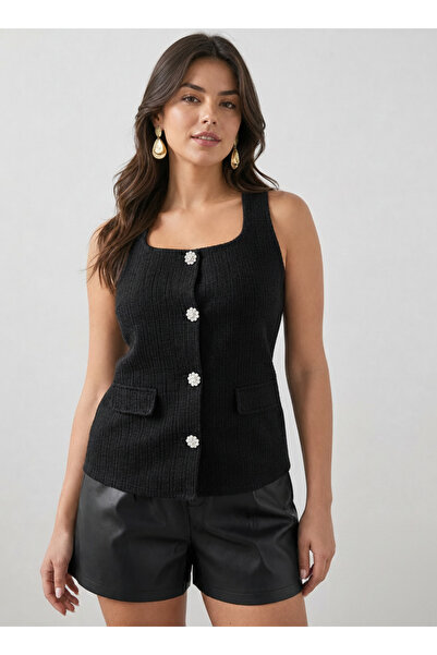 Merlot Plus Size Women's Cotton Vest with Stone Button Pocket Detail