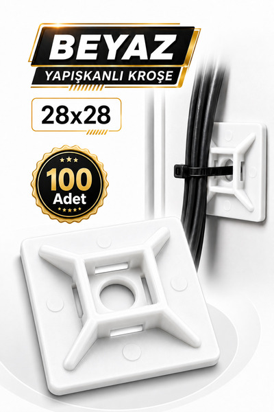 Badem10 [100 ADET] Yapışkanlı Kroşe Beyaz 28x28 mm Kablo Bağı Tutucu Sabitlem...