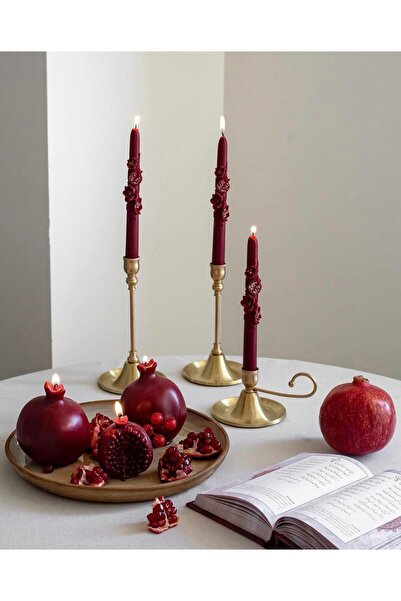 SCA CANDLE Dekoratif mum Nar Desenli Şamdan mum Bordo Renk 3 Lü ( ŞAMDANLIK Y...