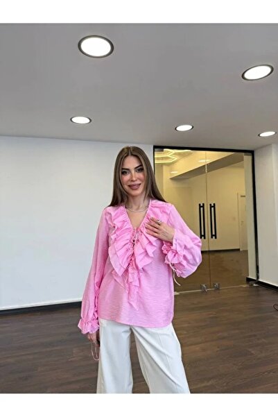 solena sln Kadın V yaka Fırfır Detaylı Bağcıklı Tasarım Uzun Kollu Bluz Gömlek